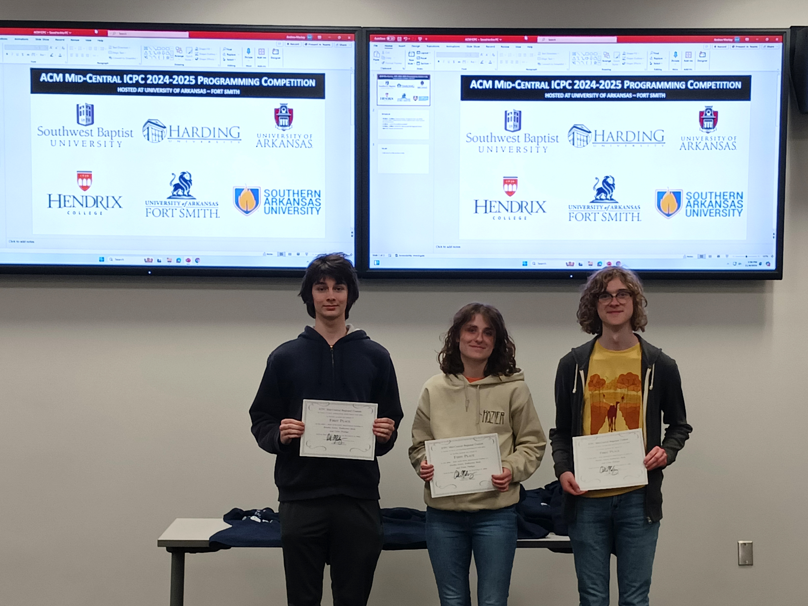 From left, Hendrix students Colin Phillips, Amelia Jones, and Katherine Reid received first-place honors in the November 9 Mid-Central Region of the International Collegiate Programming Contest in Fort Smith, Ark.